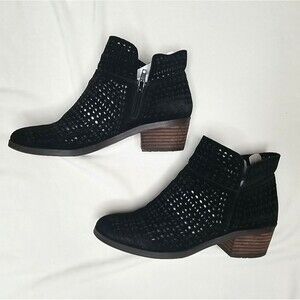 Black Leather Suede Perforated Detail Ankle Booties Womens by Pedag, Trendy Cute